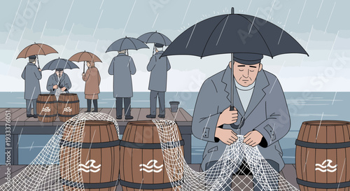 Fisherman repairing net on pier with barrels and umbrellas.