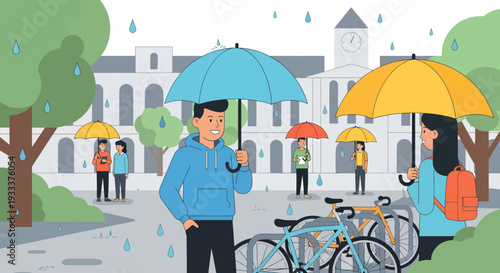 Man and woman holding umbrellas in the rain.