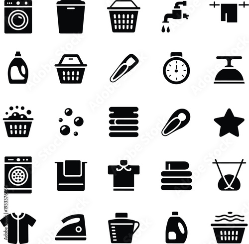 Laundry and cleaning icons set with washing machine detergent basket iron towel and household care symbols
