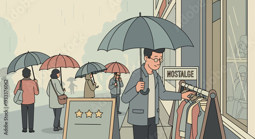 Man browsing clothes outside store in rain.