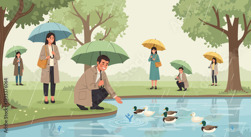 Man feeding ducks in a park on a rainy day.