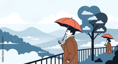 Man holding umbrella in rainy weather looking out.