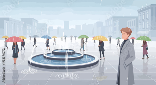 Man in a long coat standing in the rain.