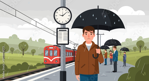 Man holding umbrella on rainy train station platform.