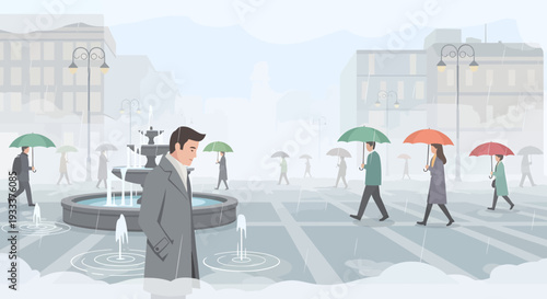 Man in Suit Standing in Rain Pointing.