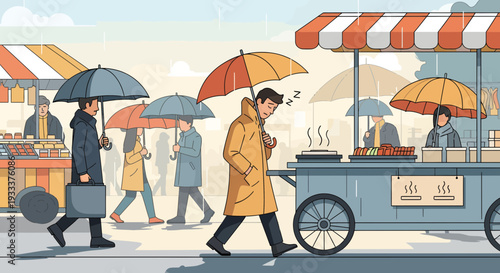 Man in Yellow Raincoat Walking Under Umbrella on Rainy Day.
