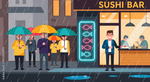 Man in Suit Standing Outside Sushi Bar in Rain.