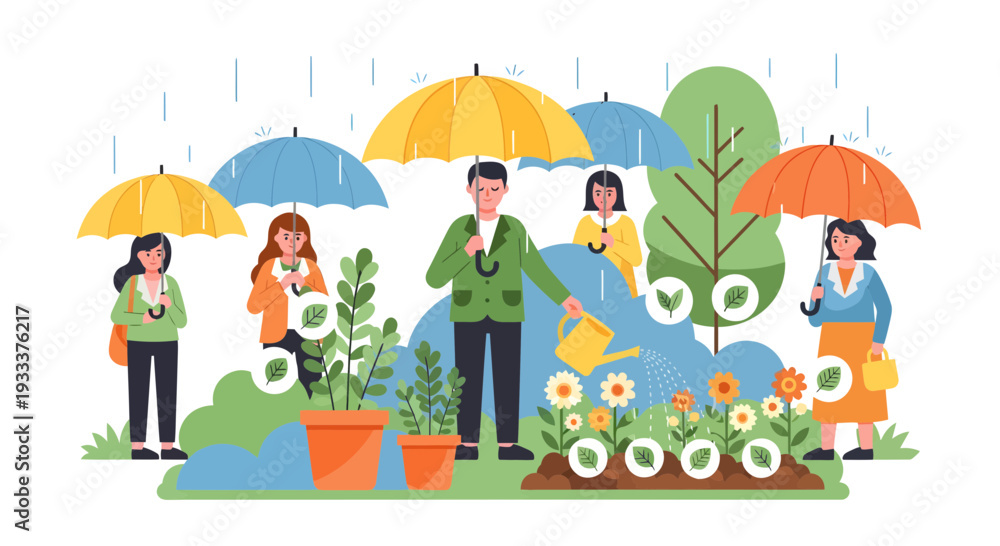Fototapeta premium People Gardening Under Umbrellas in Rainy Weather.