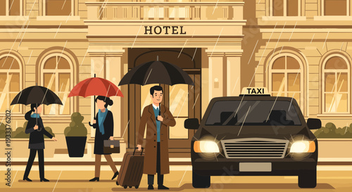 Man with suitcase and umbrella at hotel entrance with taxi.