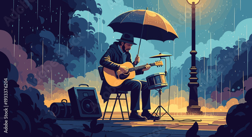 Musician plays guitar under umbrella in the rain.