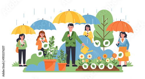 People Gardening Under Umbrellas in Rainy Weather.