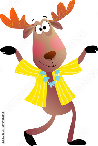 Cheerful Cartoon Moose Dancing in Yellow Shirt with Lei for Vacation Party Theme. Festive moose animal character illustration for children party. Vector animal character cartoon clipart for kids.