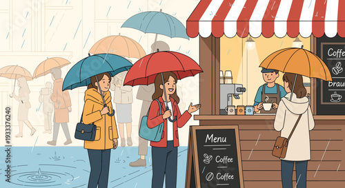 People with umbrellas buying coffee from a street vendor.