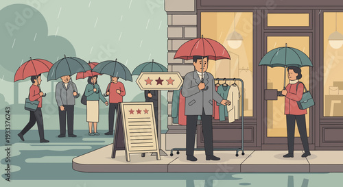People with umbrellas shopping outside a store in the rain.