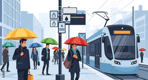 People with umbrellas waiting for tram on rainy day.
