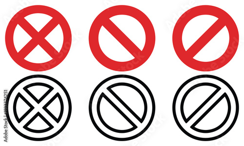 Prohibition, no symbol set featuring red and black restriction circle icons, warning signs, forbidden actions, regulatory symbols, modern flat vector