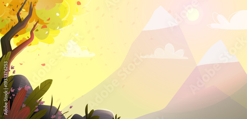 Magical mountains and hills nature landscape in golden hour of sunrise or sunset. Hand drawn cartoon nature scenery for kids. Vector mountains with tree and plants background illustration for children