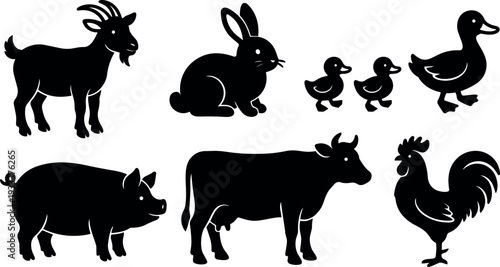 Flat silhouette vector set of farm animals goat rabbit ducklings duck pig cow and rooster isolated on white side view