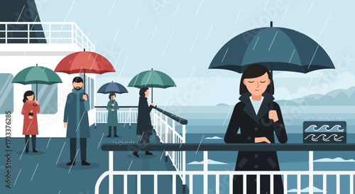 Woman holding umbrella on a rainy day at sea.