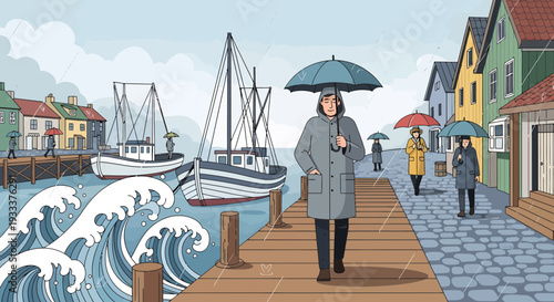 Woman holding umbrella walking on pier during rain.