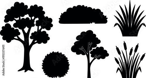 Flat design silhouetted tree and shrub vector set showing large tree small tree round bush reed grass and cattail plants