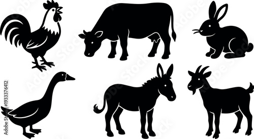 Flat design black animal silhouettes set showing rooster cow rabbit goose donkey and goat in isolated composition standing poses minimal