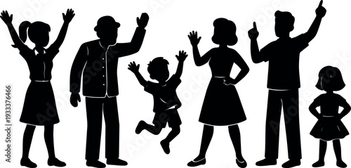 Flat design silhouette family group celebrating with raised hands including jumping child father mother teenage girl and smiling little daughter