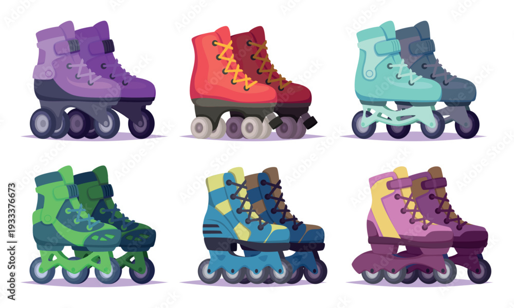 Naklejka premium Roller skates. 80s shoes with rubber wheels exact vector sport skates set