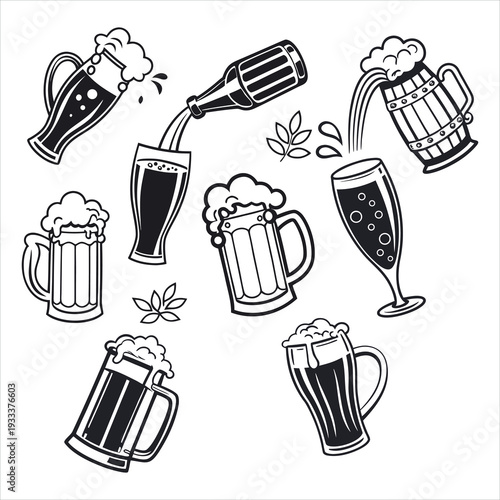 Beer Mug and Glass Vector Illustration Set - Black and White Outline Icons for Pub, Brewery, and Oktoberfest Designs.