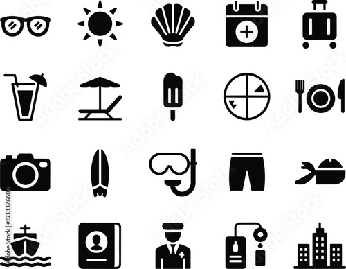 Travel and vacation icons set with beach summer cruise hotel food camera passport and tourism symbols