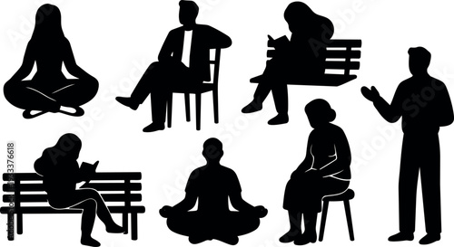 Silhouette vector set of diverse seated and standing people in various poses reading meditating and conversing isolated on white background