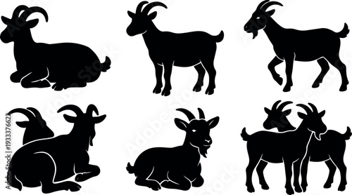 Flat silhouette vector six goat poses including lying standing walking two goats together head tilt side view farm animal set