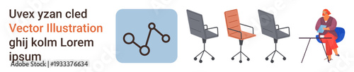 Business planning, teamwork, corporate environment, workplace setup, career development, analytics. Graph symbol, office chairs and a professional at a desk. Business planning and teamwork