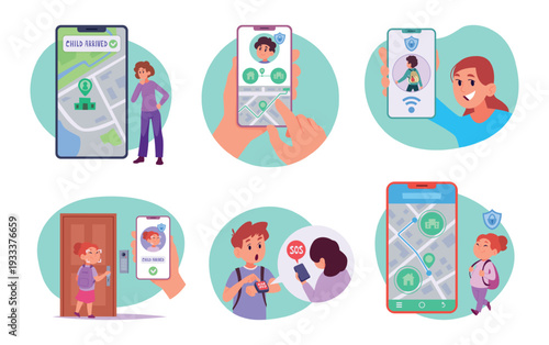 Security technologies for kids. Safety systems for digital control little kids exact vector illustrations in cartoon style