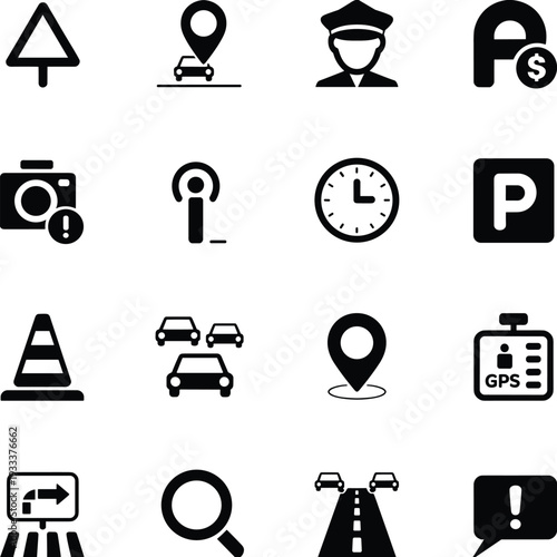 Traffic and city navigation icons set, road safety symbols, parking map location elements, GPS tracking technology, transportation infrastructure web graphics. (20 words)