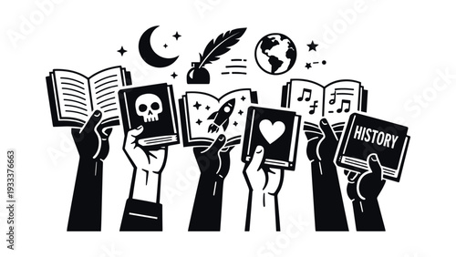 Hands raising various books representing genres like history, fiction, sci-fi, music, and romance. A concept about knowledge and shared literacy