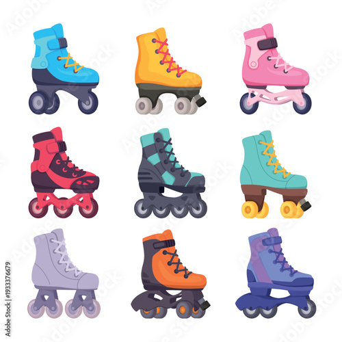 Roller skates. Sport shoes for extreme riding exact vector roller skates collection in cartoon style