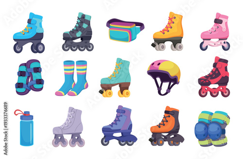 Roller skating equipment. Retro style roller skates and items for extreme riding exact vector collection pictures in cartoon style
