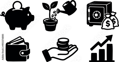 Flat design close up finance icon set with piggy bank plant watering can safe wallet hand holding coins growth chart
