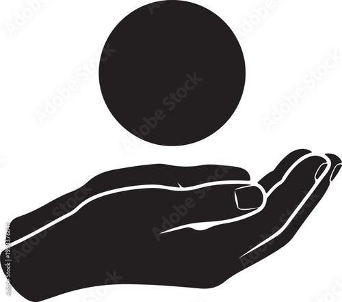 Black silhouette of an open hand holding a ringed planet like saturn against a white background.
