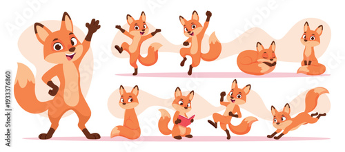 Fox. Cartoon fox in different action poses exact vector wild cute animal