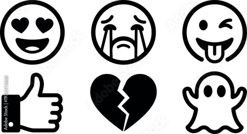 Flat design six emotion icons showing heart eyes crying winking thumbs up ghost broken heart in simple bold line art