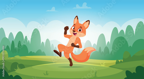 Cartoon fox. Background template with cute fox playing outdoor exact vector wild animal picture