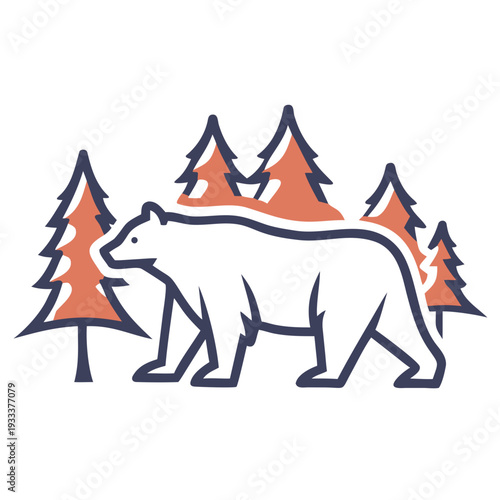 Stylized illustration of walking grizzly bear pine trees motif. Outline animal figure representing wilderness spirit, with distinct grizzly bear pine trees composition.