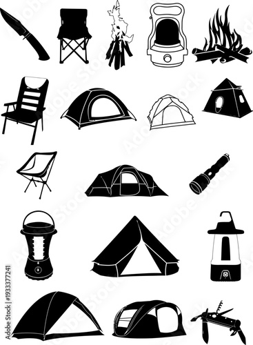 An extensive collection of essential camping and outdoor equipment silhouettes, featuring various tents, chairs, lanterns, knives, campfires, flashlights, and a multi-tool, ideal for adventure designs