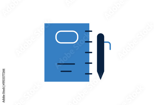 Notebook vector flat icon with pen for writing and planning tasks. Clean vector flat illustration of notepad for organization and productivity themes.