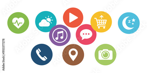 Modern flat design app icons for technology, communication, health, commerce, and entertainment on a white background