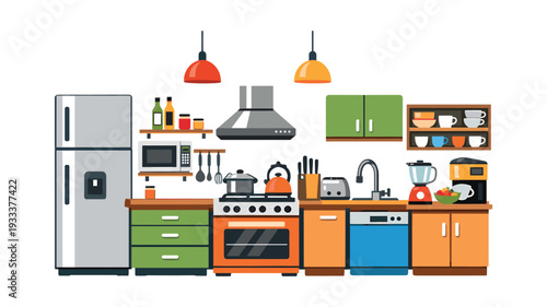 Illustration showcasing a complete kitchen layout with a fridge, stove, oven, cupboards, sink, and a variety of kitchen tools