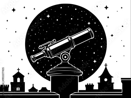 Ein klassisches Teleskop steht auf einer Dachplattform und richtet sich auf einen großen runden Nachthimmel. Das Motiv wirkt ruhig, neugierig und leicht cineastisch.KI Generiert