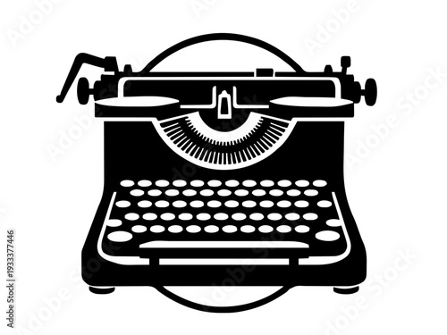 Eine frontal dargestellte Vintage-Schreibmaschine mit klarer, symmetrischer Form. Das Motiv strahlt Nostalgie und kreative Atmosphäre aus.KI Generiert